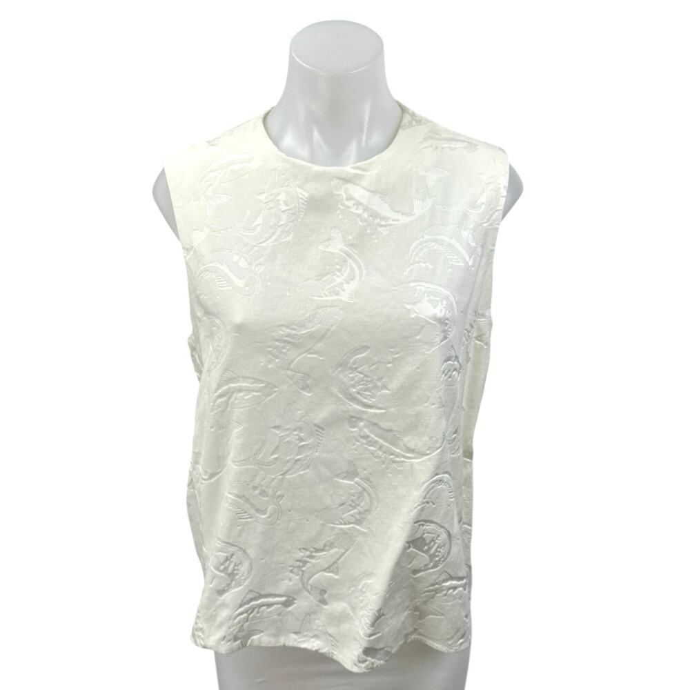 Kenzo Women's White Faux Suede Embossed Fish Sleeveless Blouse Tank Top 44 US 12
